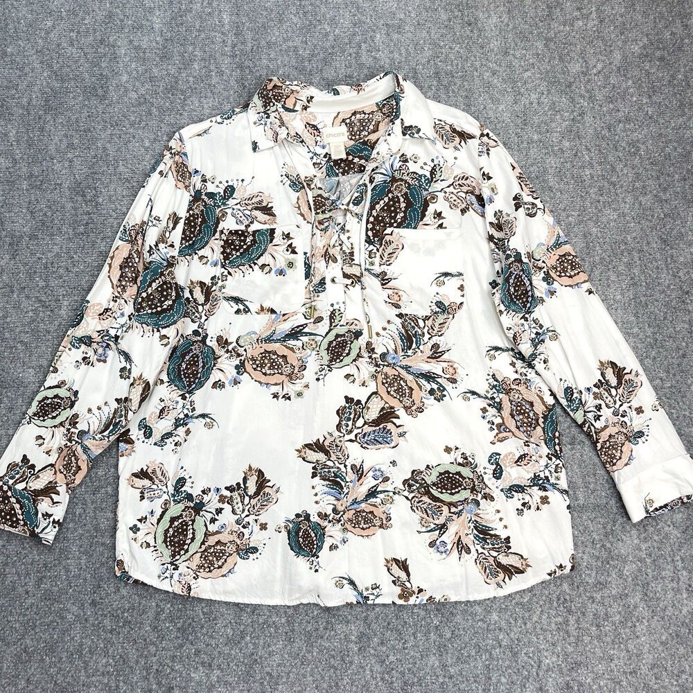 Chicos Top Womens Size Petite XL Soft White Floral Grommet Lace Up Long Sleeve - Picture 1 of 11